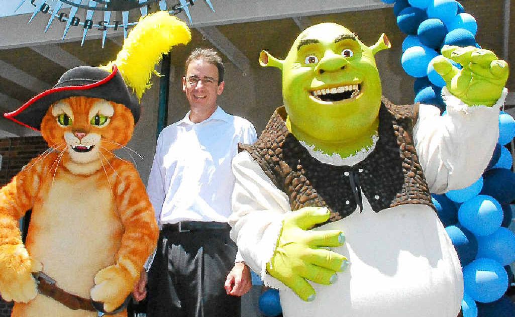 Puss and Shrek with Dreamworld CEO Todd Coates.